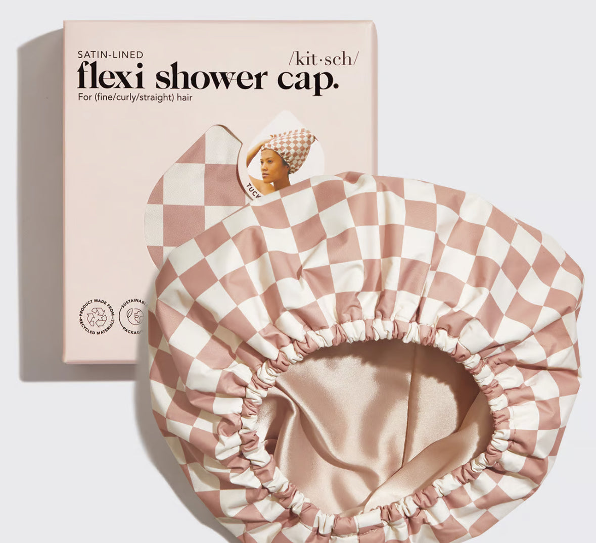 Kitsch Satin Lined Flexi Shower Cap - Terracotta Checker